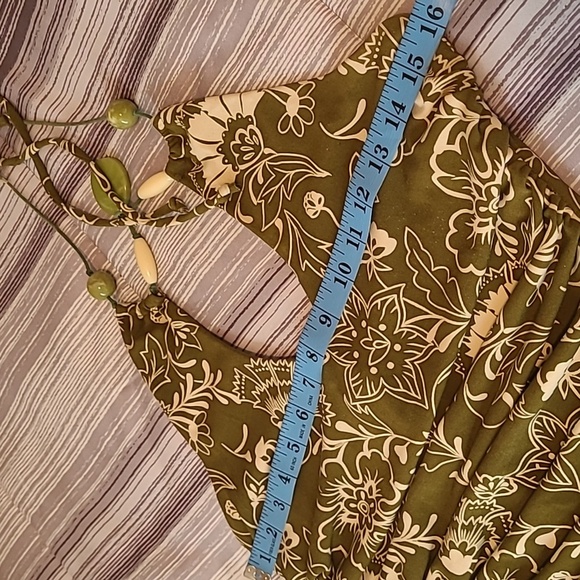 Vintage Y2K Slinky Floral Halter Dress Olive Green Light Cream Ruched Waist Sz M - Picture 11 of 13